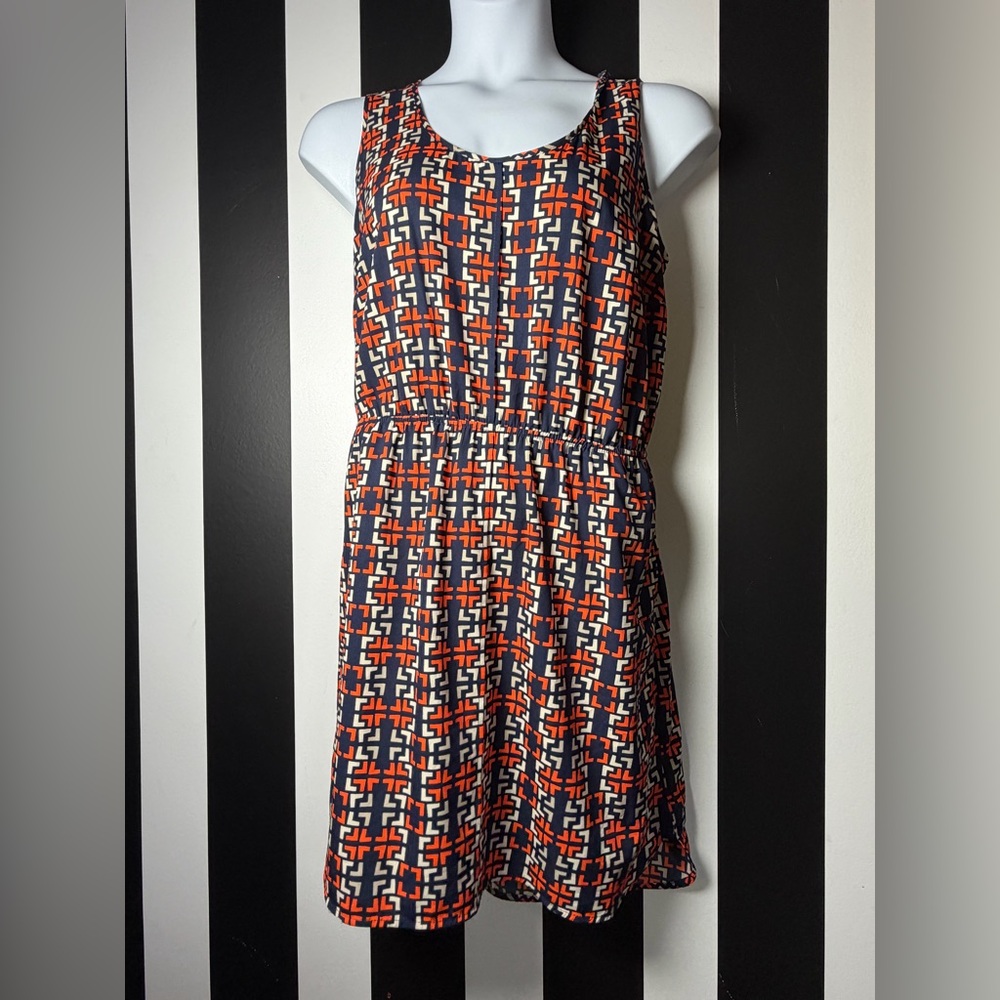 NWOT Sleeveless Mod Geometric Print Elastic Waist Dress in Navy, Orange & White